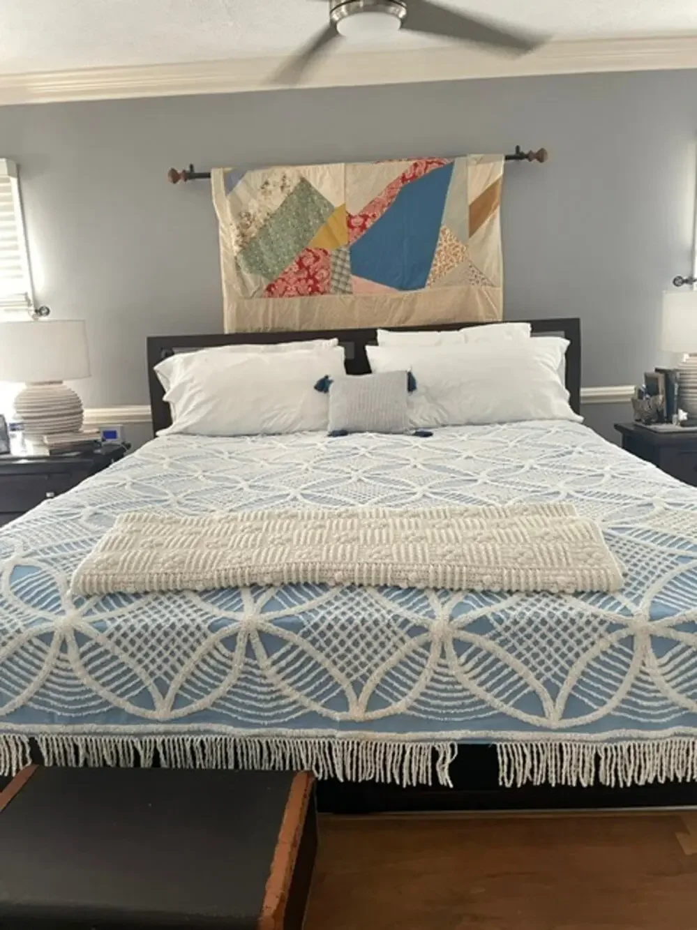 Vintage Blue White Chenille Bedspread 90x96 Full Queen Cottagecore Shabby Chic